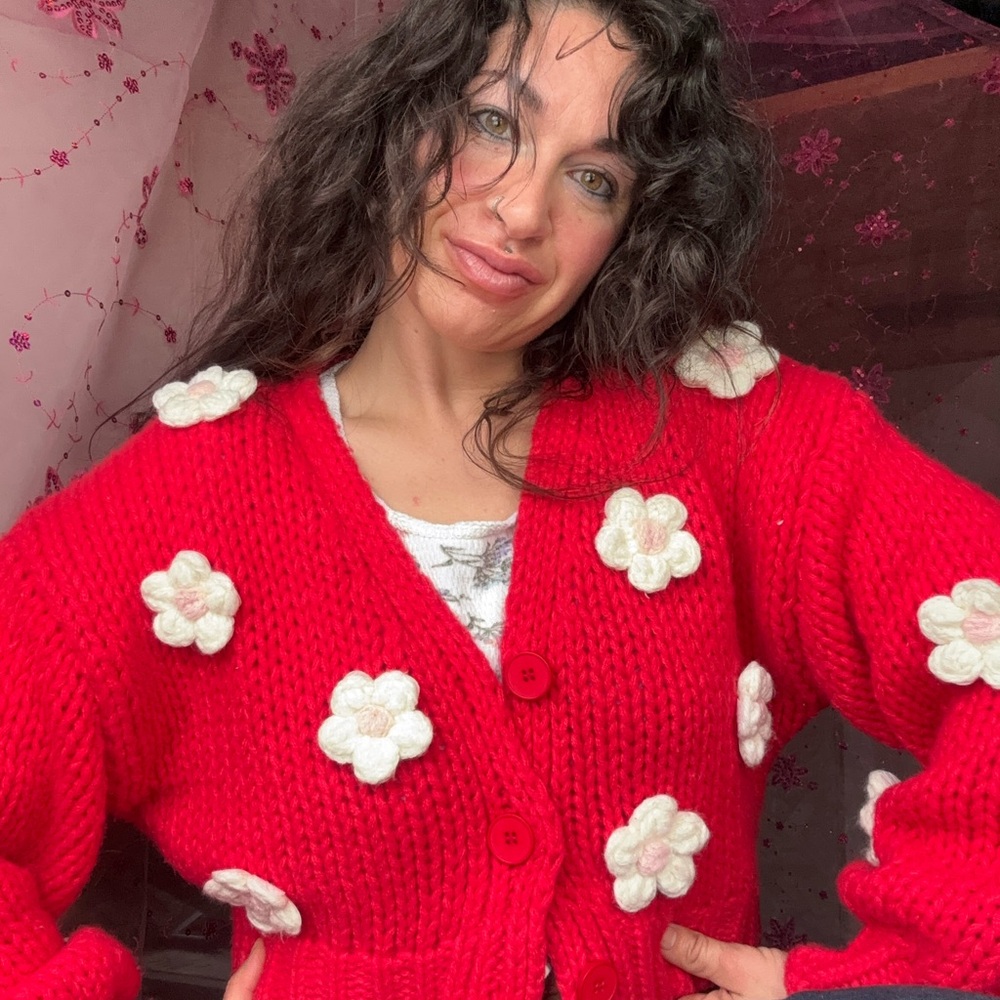 Red Floral Knit Spring Cardigan  Crop Top Sweater